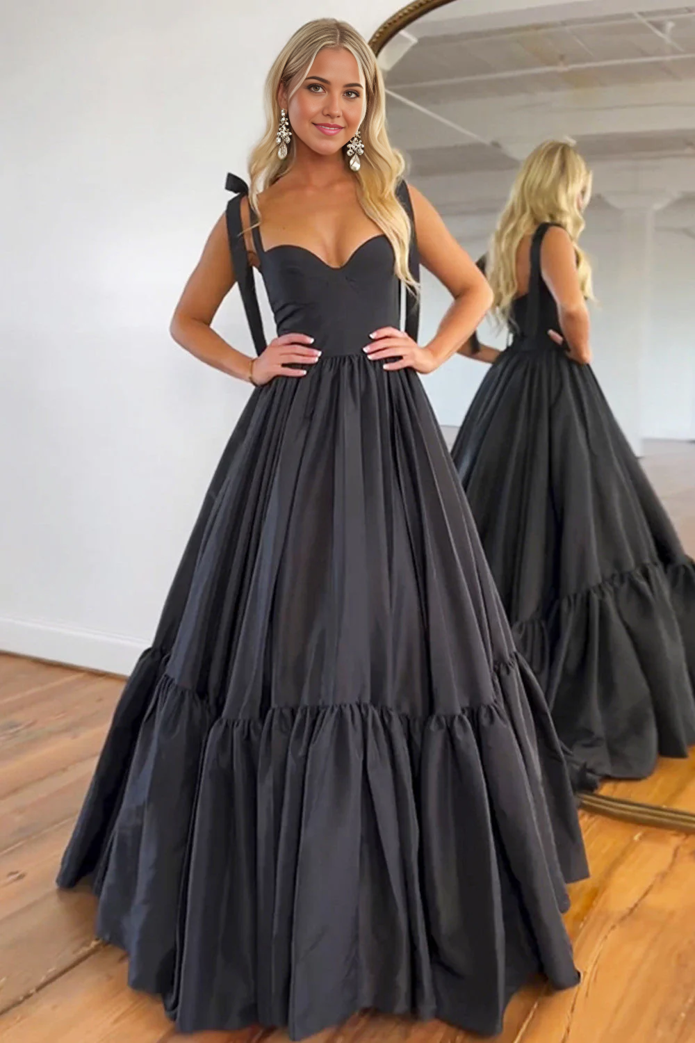 A-Line Cute Black Satin Tie Straps Long evening gown Prom Dress